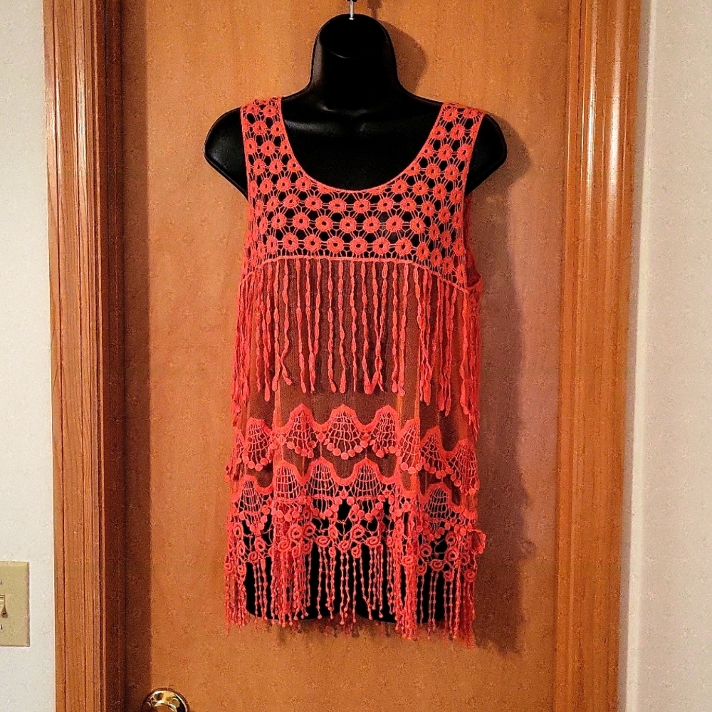 Women's L Coral Crochet/Mesh Top